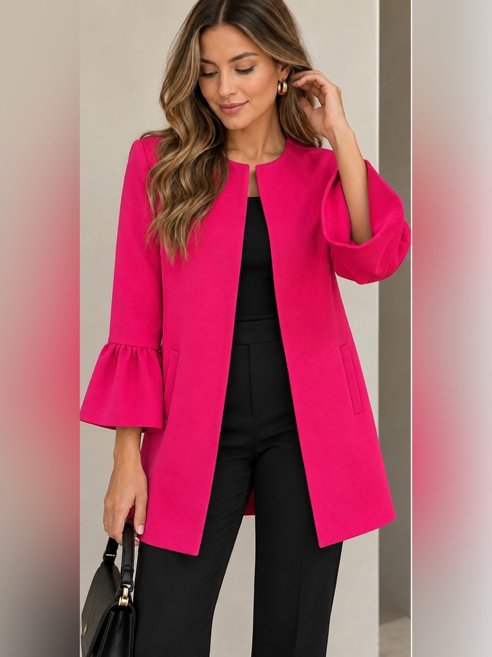 Zara Woman Hot Pink Fuchsia Bell Sleeve Open Front Coat Jacket L